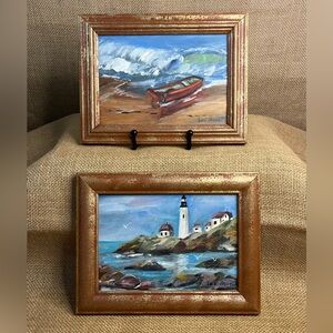 Two Framed Miniature Coastal Oil Paintings Signed "Sue Deucet”